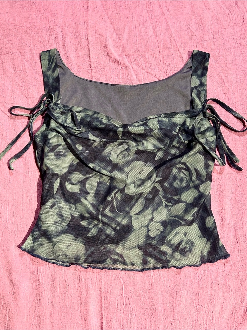 ‘Cider’ Purple Floral Cowl Neck Mesh Cropped Tank Top